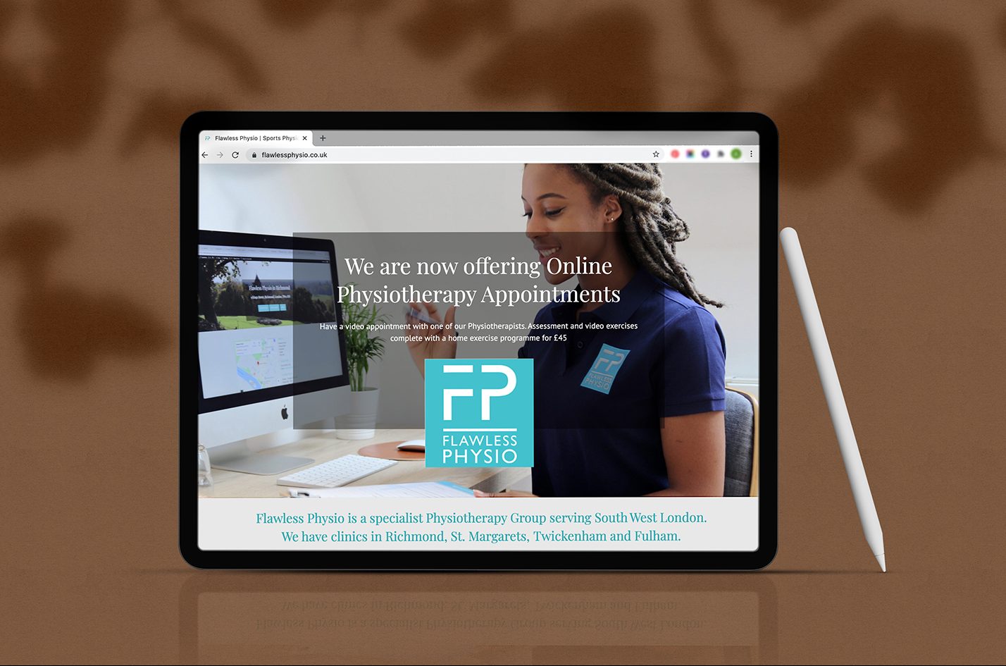 Sample of client Flawless Physio's website on tablet