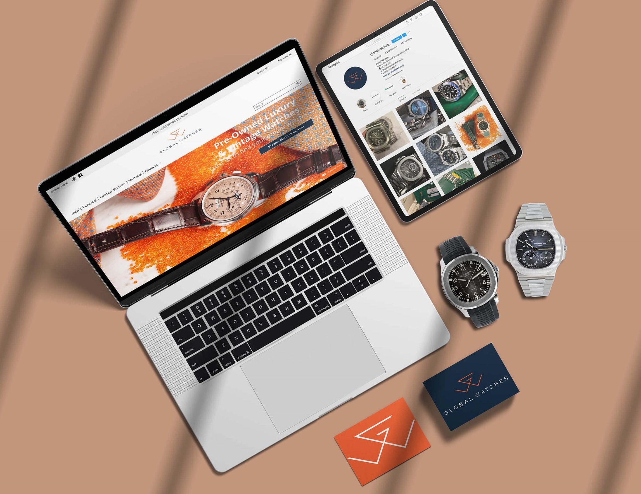 Sample of work for client Global Watches on laptop and tablet