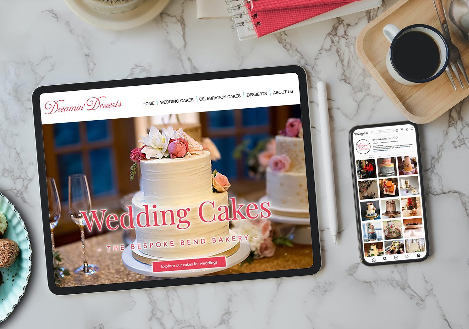 Dreamin' Desserts website on tablet & Instagram page on iPhone